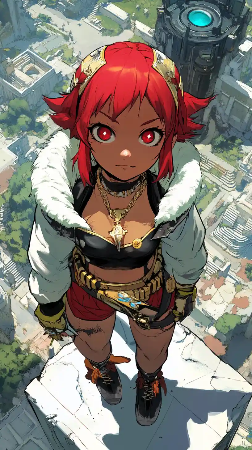 Blue skinned fantasy girl with sword on overgrown cliff