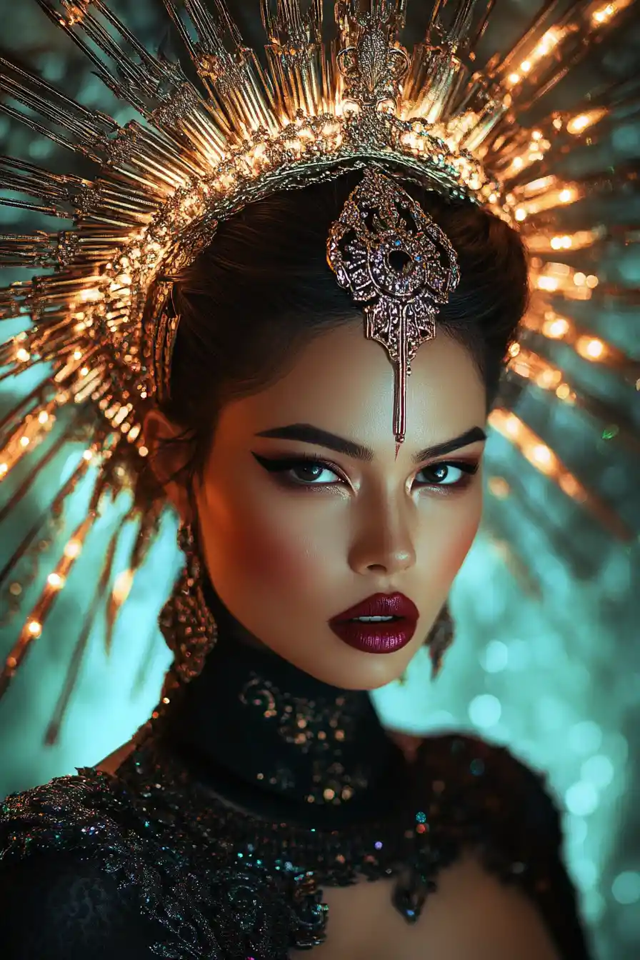Regal fantasy woman in ornate ancient inspired regalia