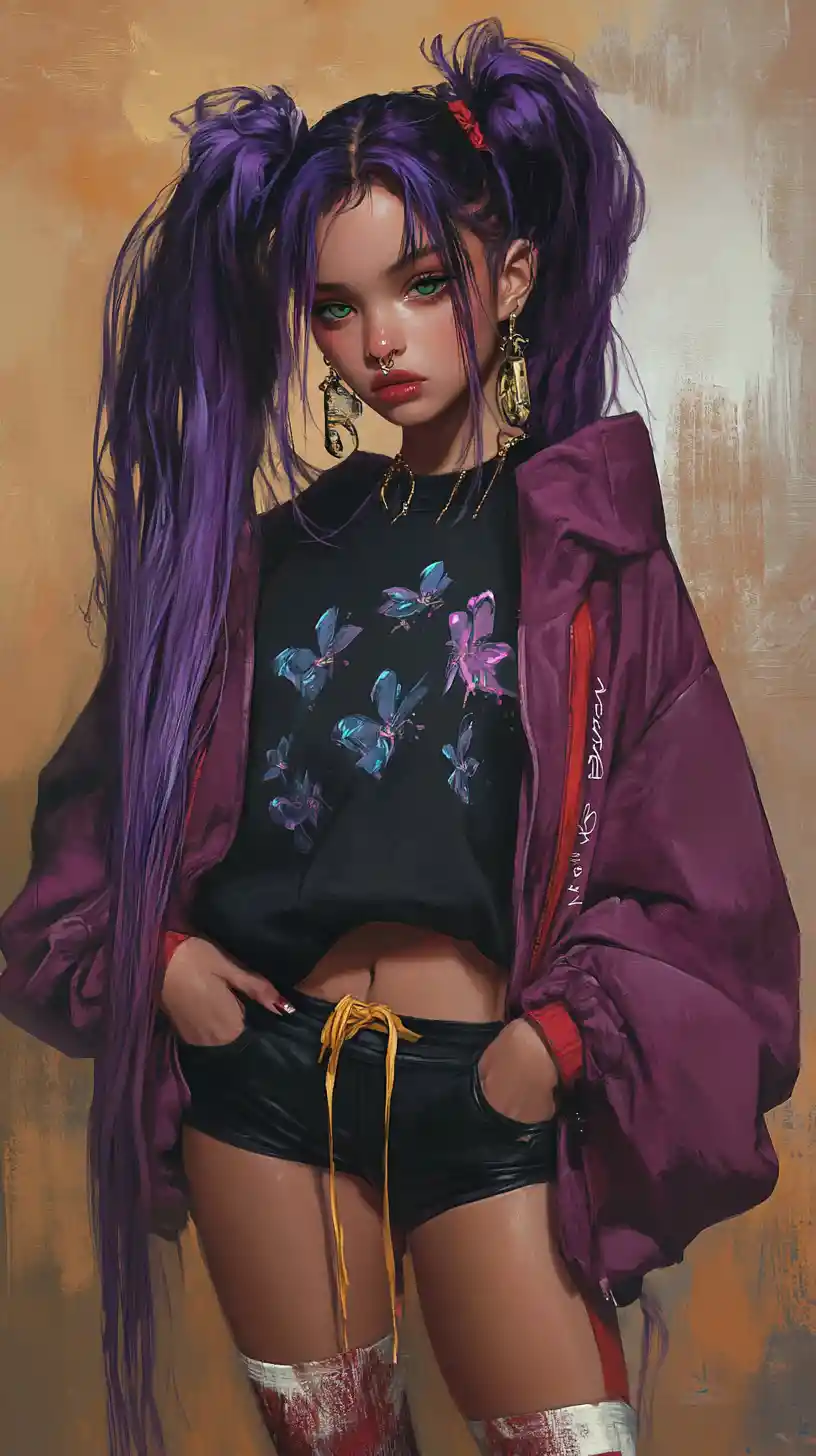 Anime girl with purple hair and bold streetwear outfit