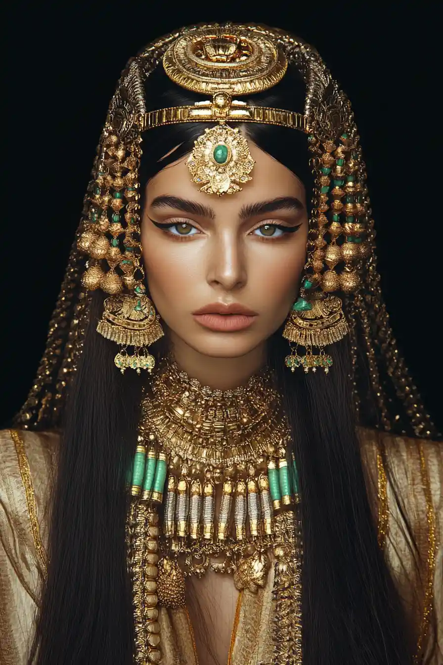 Ancient Egyptian and Greek inspired fashion woman with bold jewelry