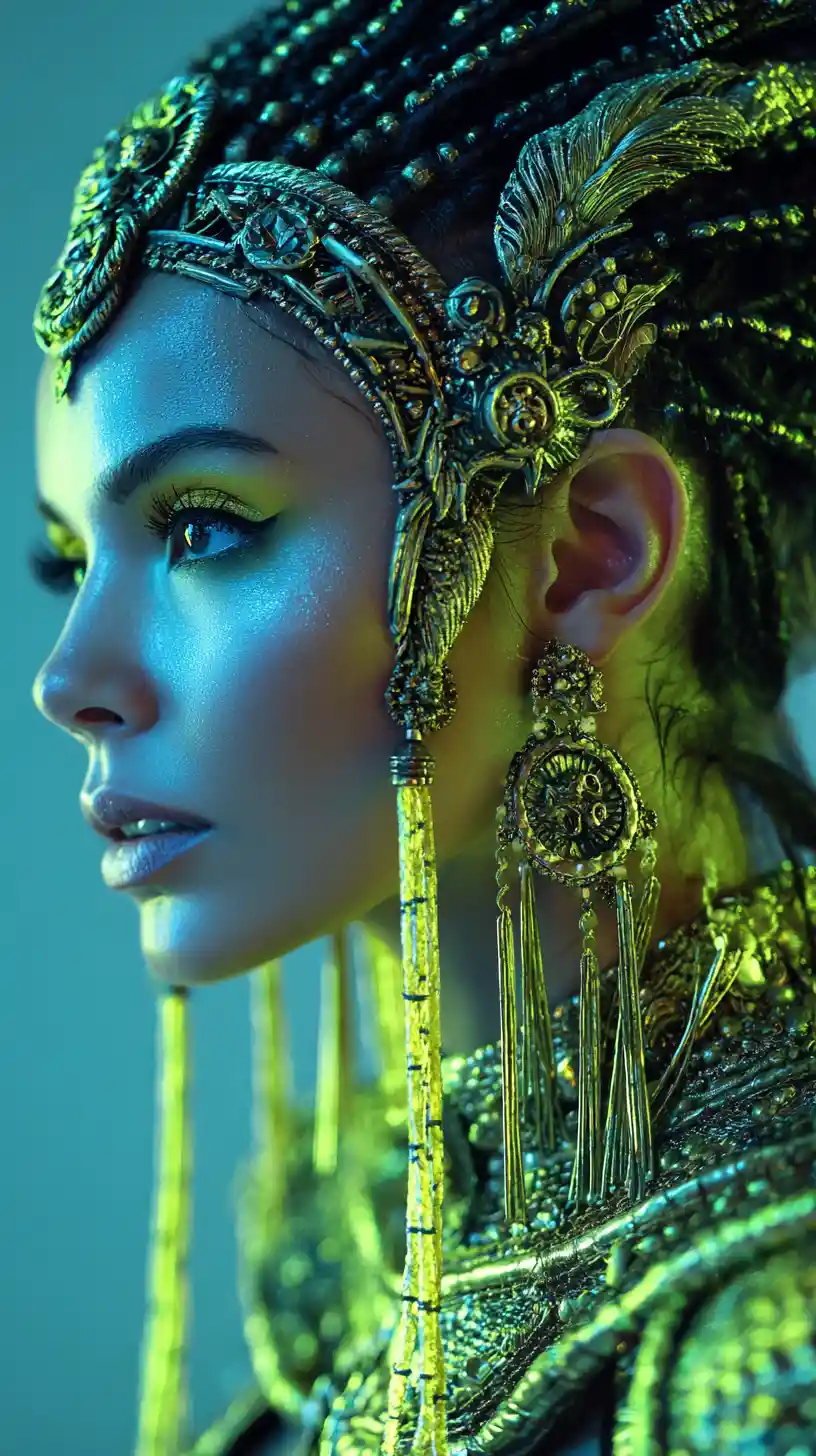 Fierce regal woman in ornate ancient inspired regalia
