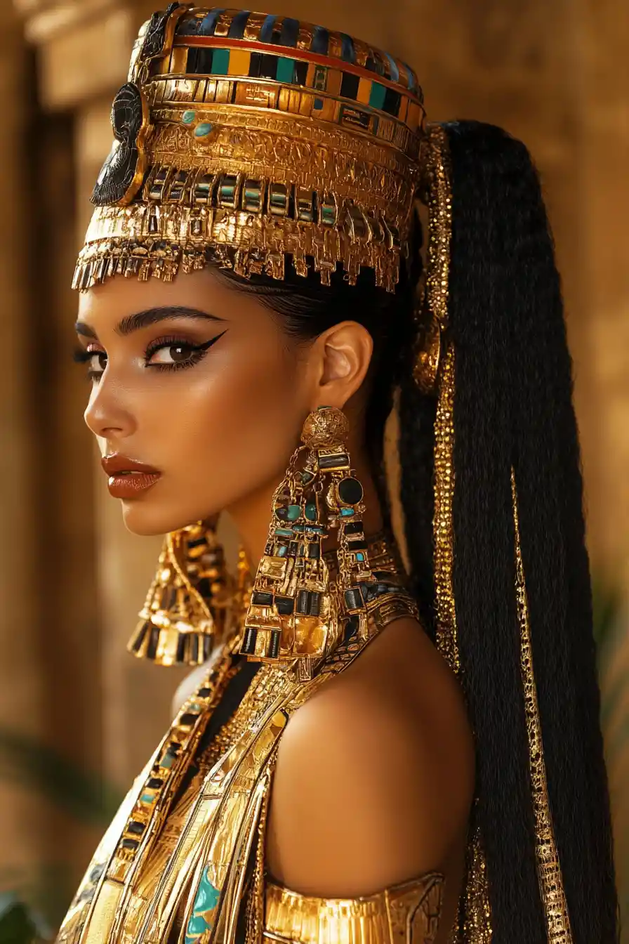 Ancient Egyptian and Greek inspired couture woman with bold hair