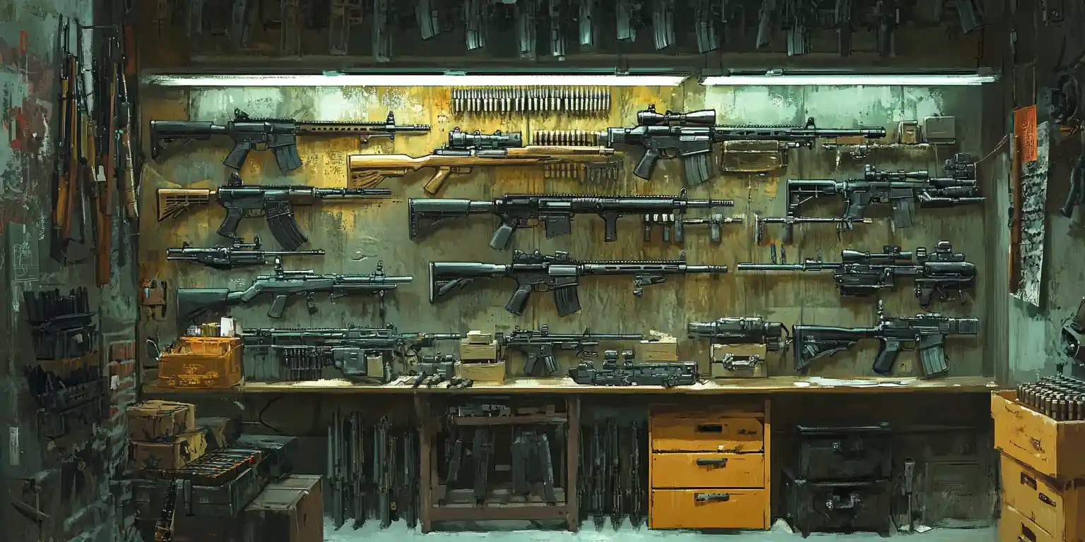 Comic style armory interior with rifles and pistols