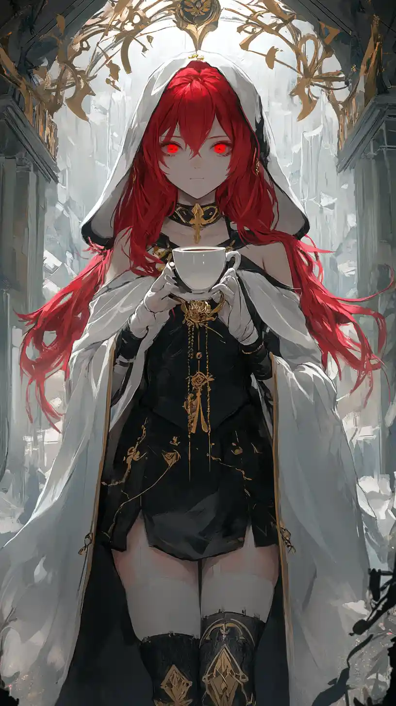 Red haired fantasy girl with sword on overgrown cliff