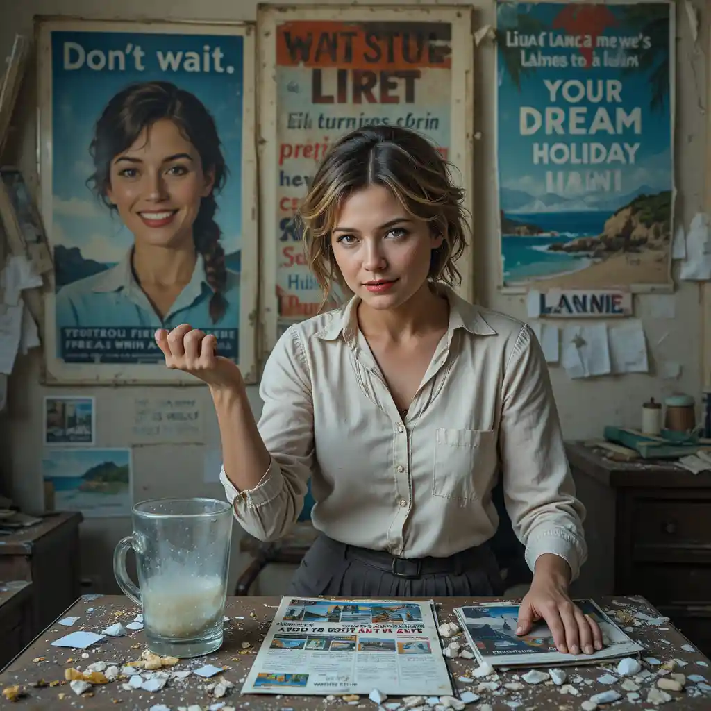 Damaged travel agency poster above dusty glass on table