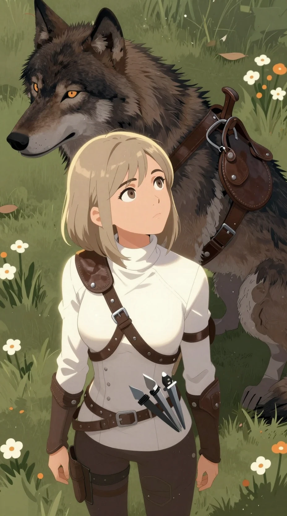 Curious biochemist lying in grass with dire wolf companion