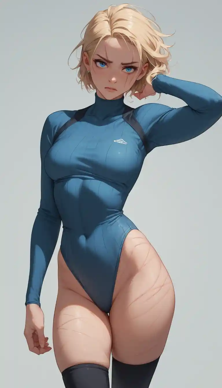 Confident anime girl in fitted suit with bright blue eyes