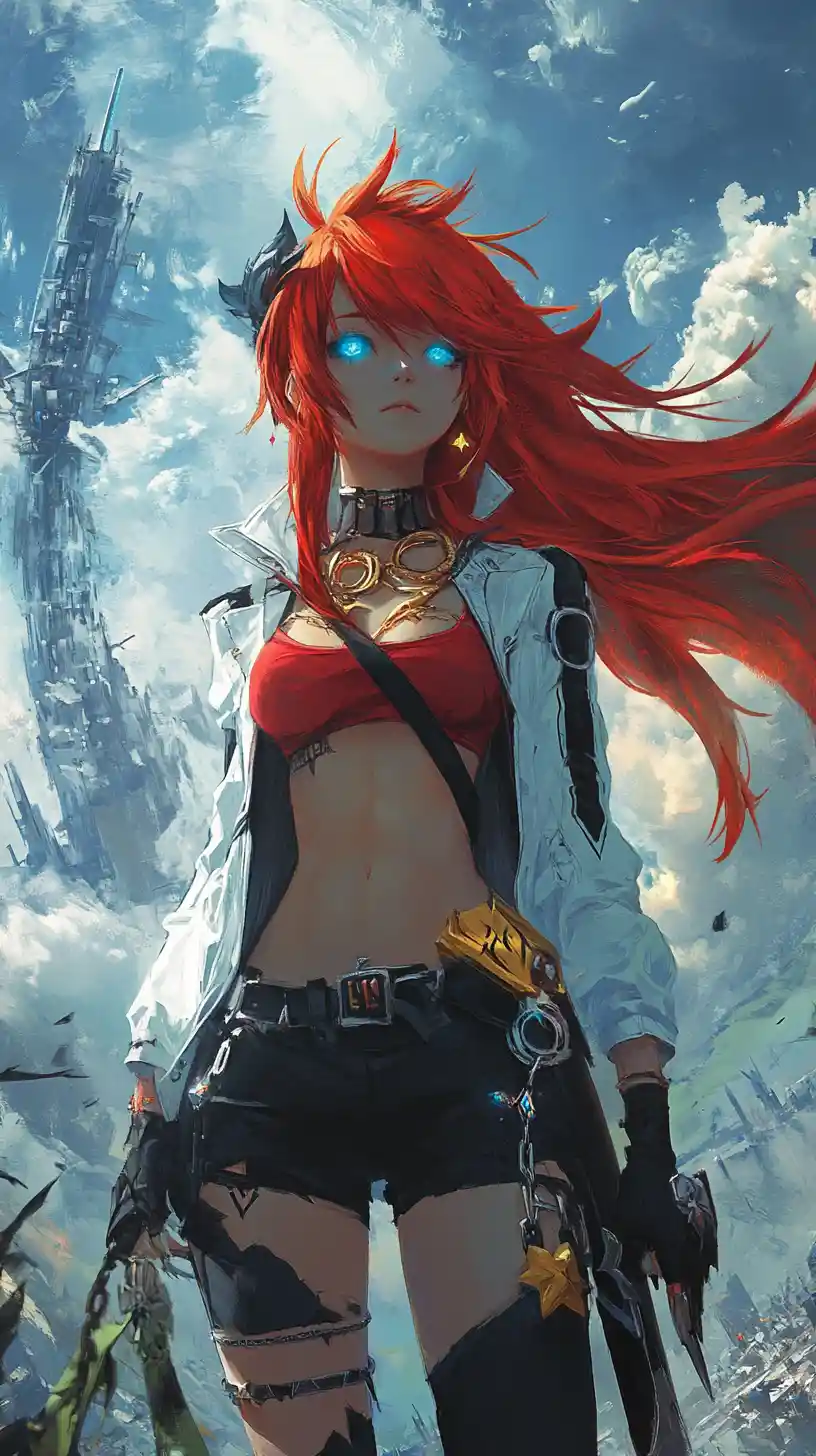Blue skinned fantasy girl with sword on cliff