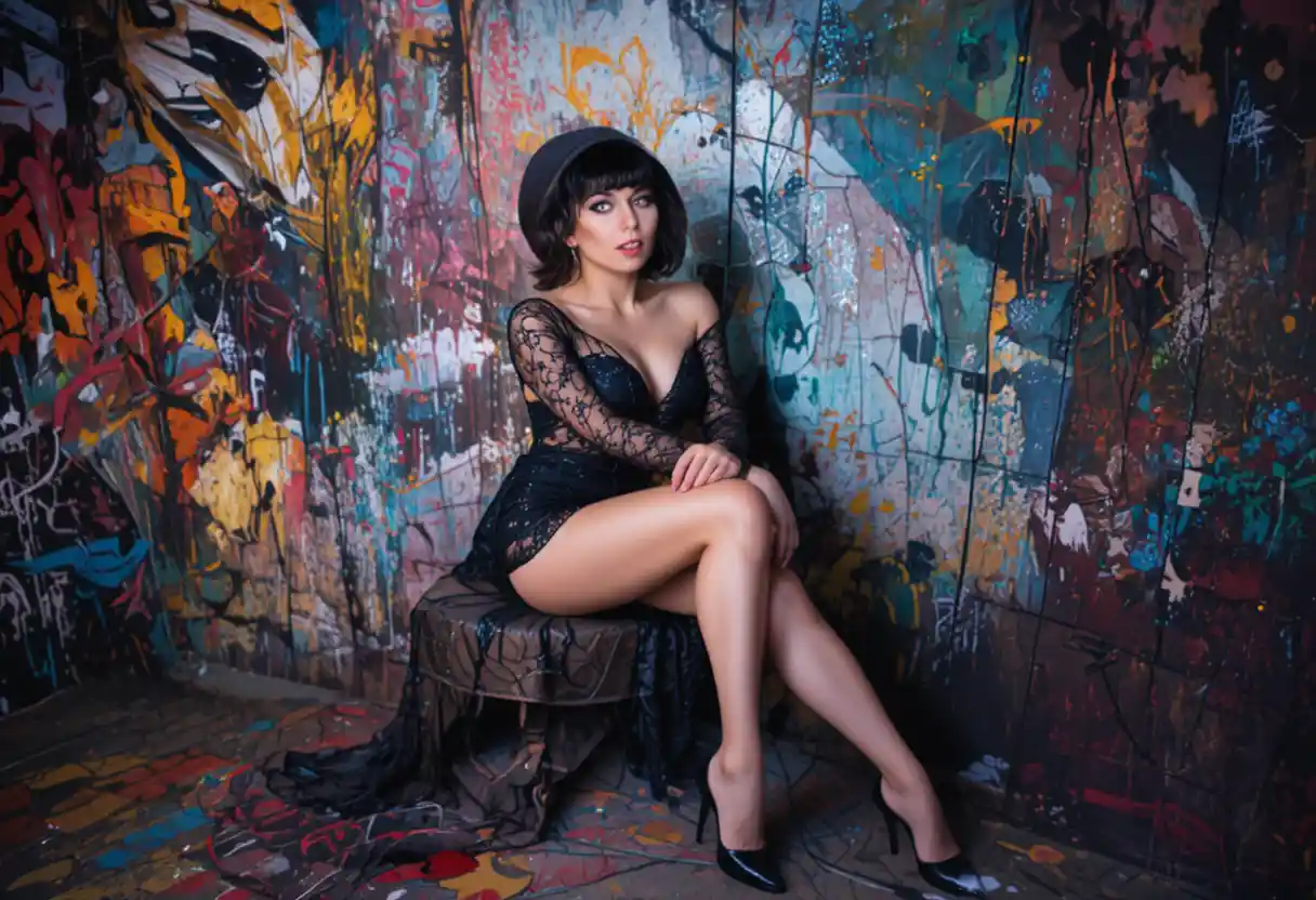 Woman in transparent lace blouse and short lace skirt sitting