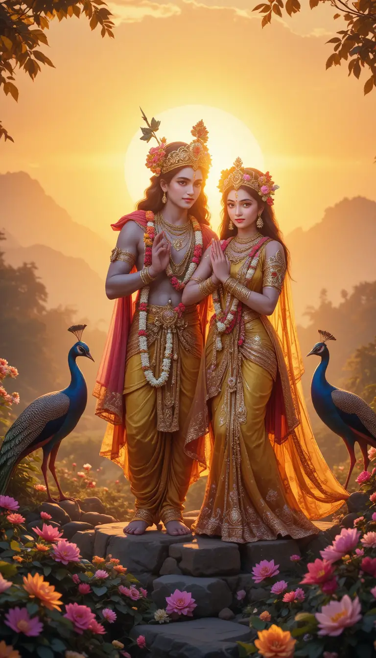 Divine couple standing in Vrindavan forest at sunrise