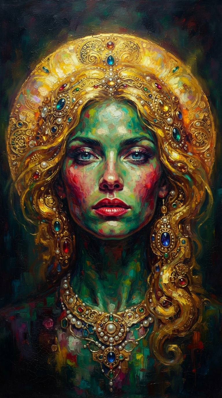 Mystical female face in radiant symbolic color portrait