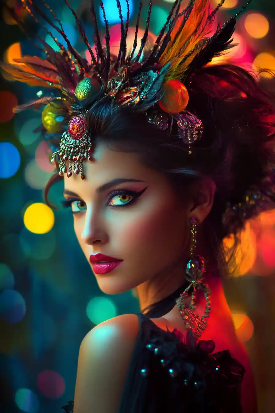 Regal fantasy woman in ornate Mayan and Roman inspired regalia