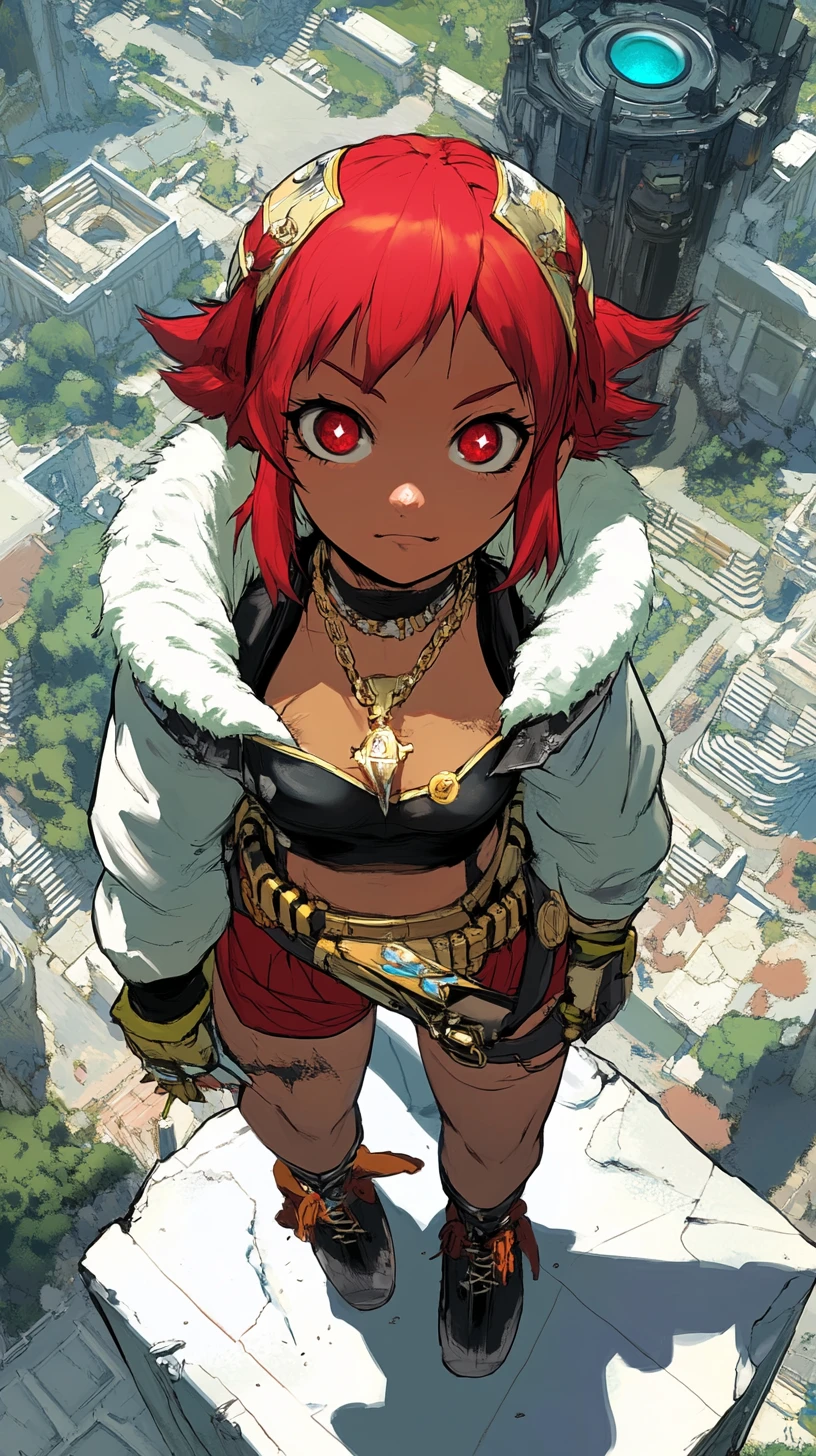 Blue skinned fantasy girl with sword on overgrown cliff