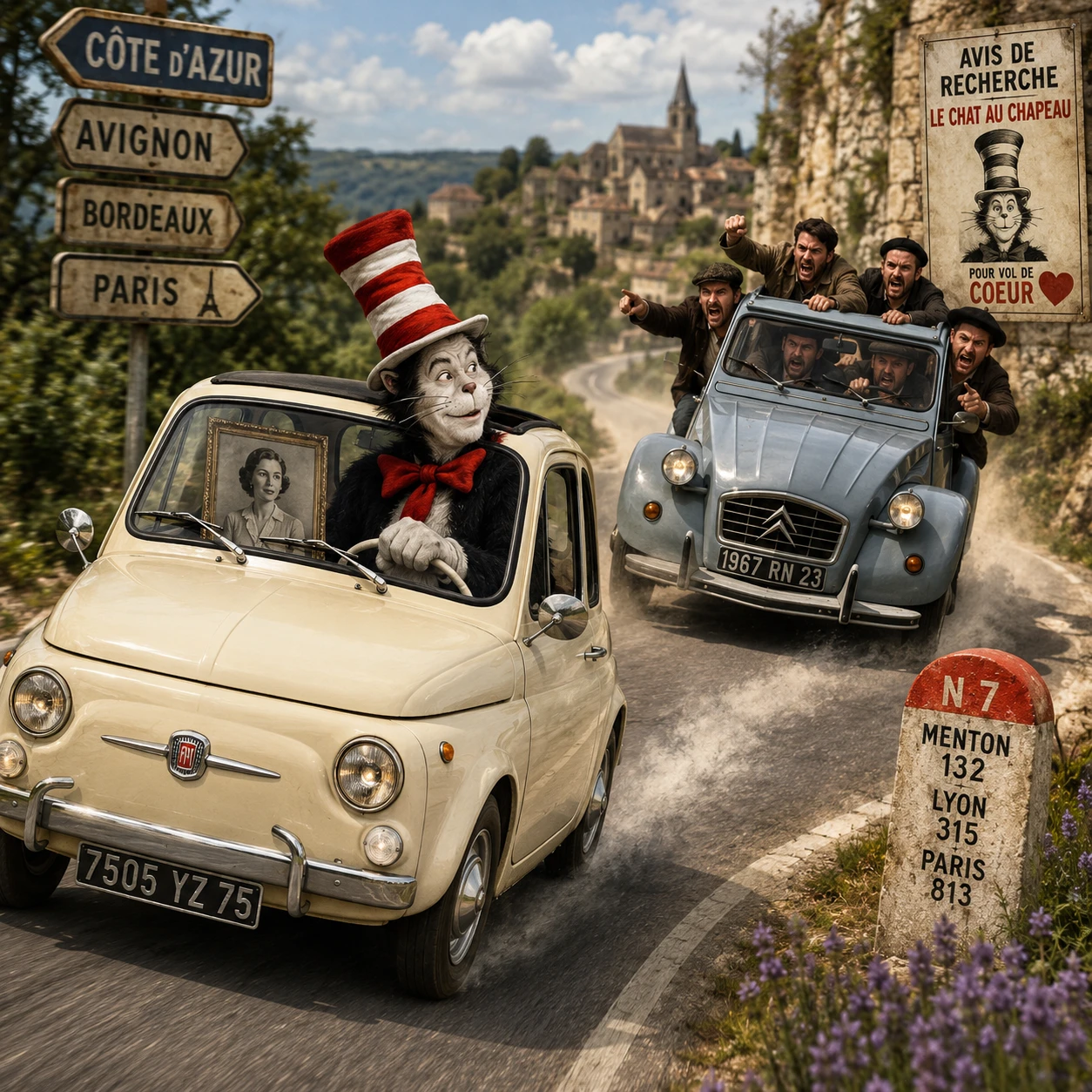 Man Driving A Fiat 500 Through France With A Framed Photo
