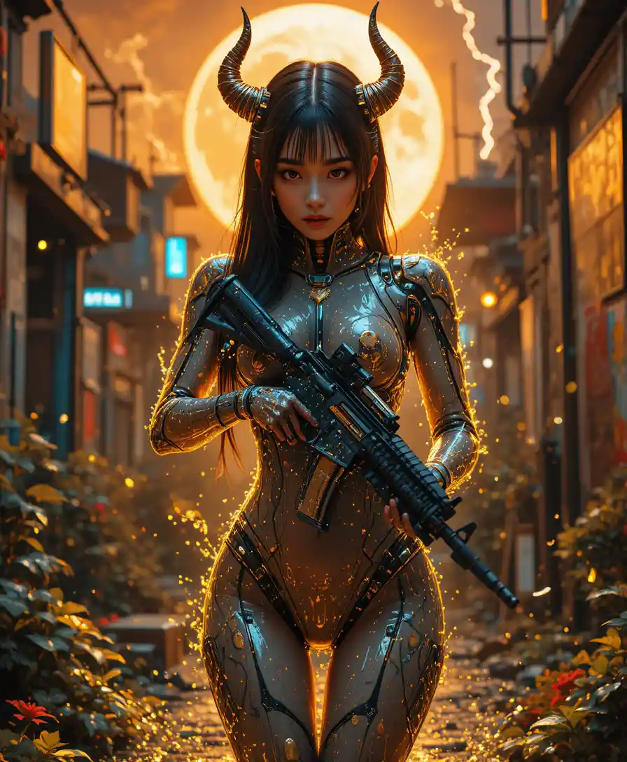 Asian female cyborg posing amid golden cyberpunk ruins