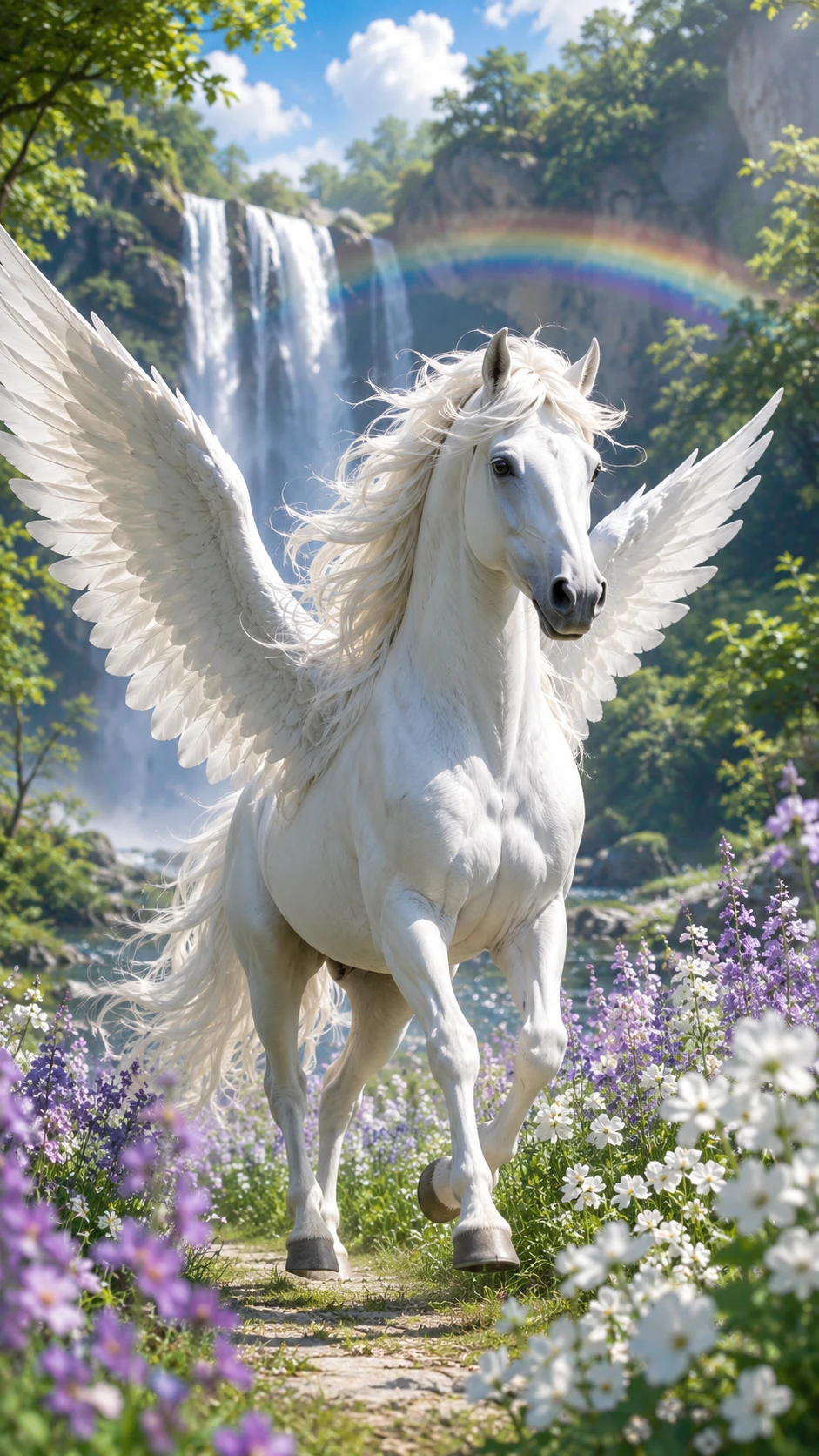 White pegasus trotting through a forest with rainbow waterfall