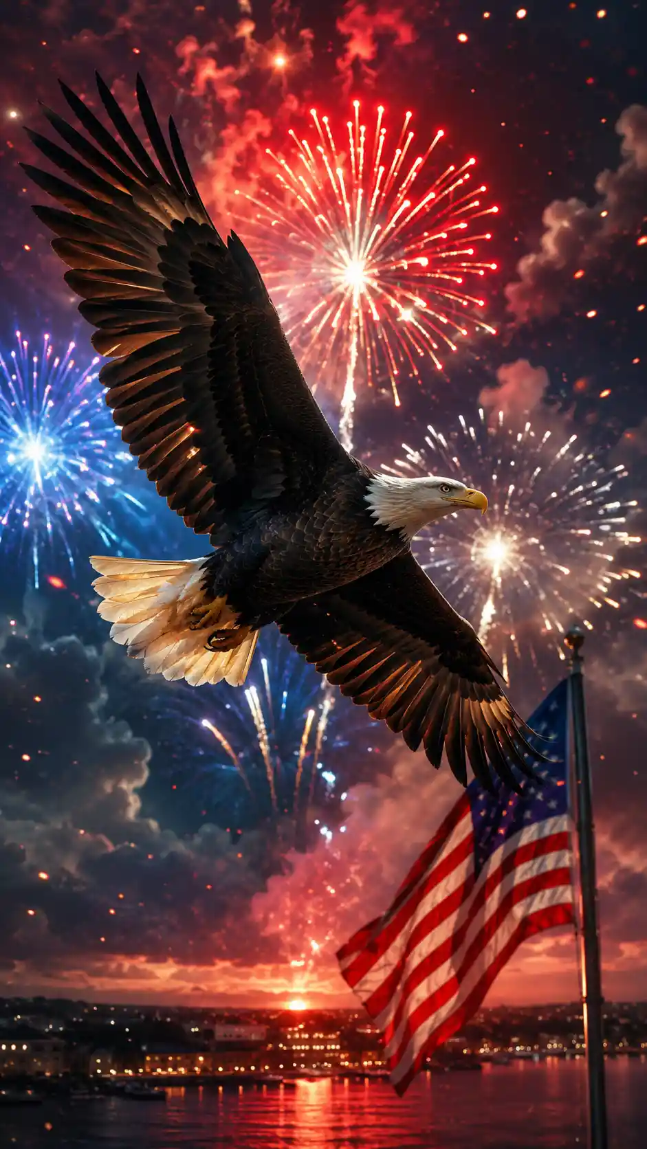 Majestic bald eagle flying under bright holiday fireworks