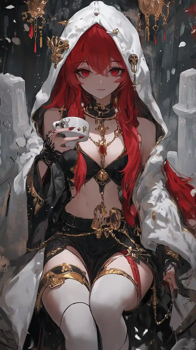 Red haired fantasy girl with sword on overgrown city cliff