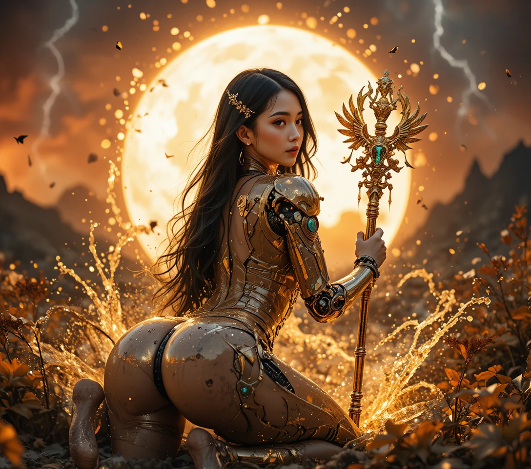 Close up of a cyberpunk female android in golden rain