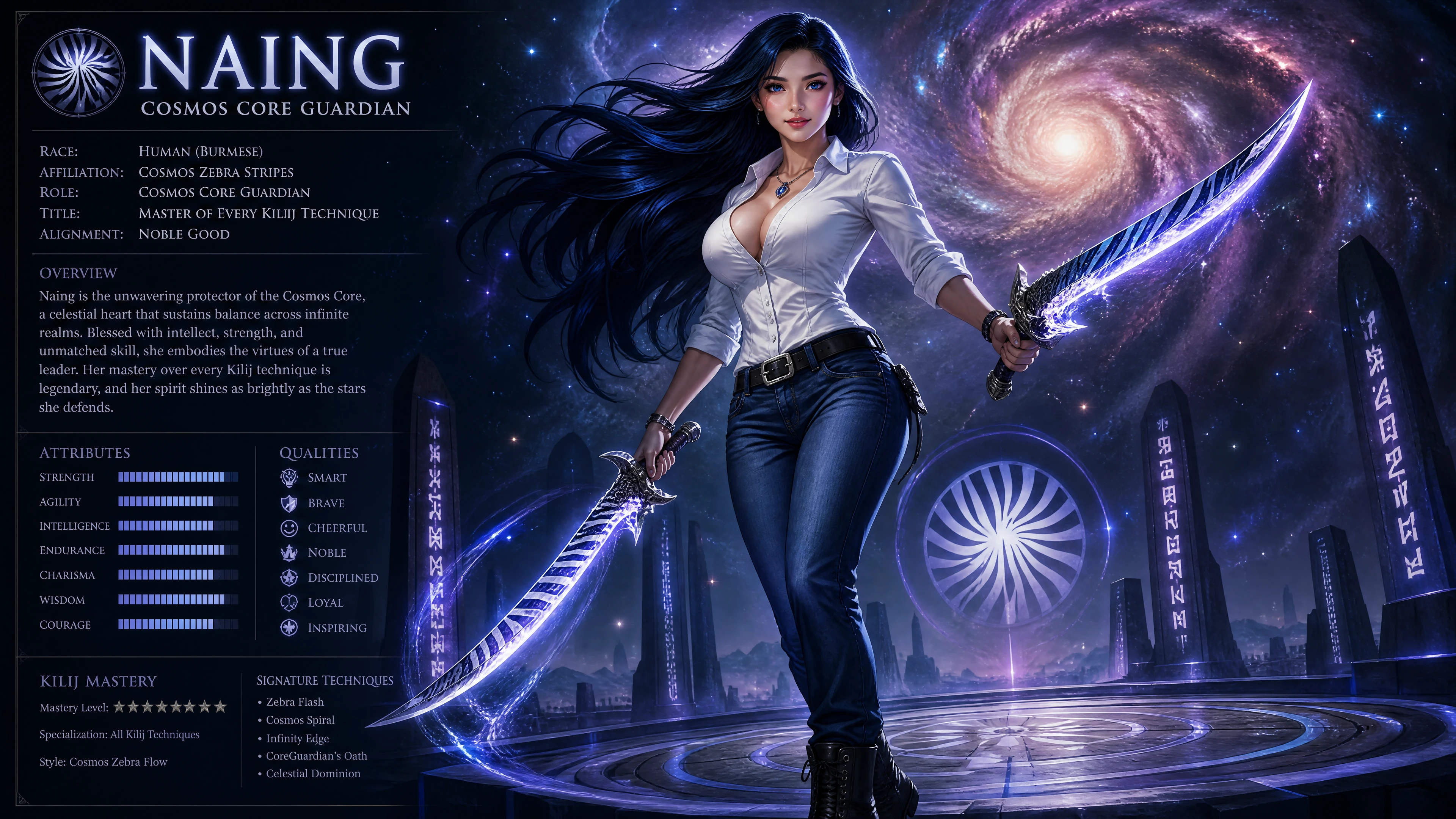 Cosmic guardian woman with flowing sapphire hair and jeans