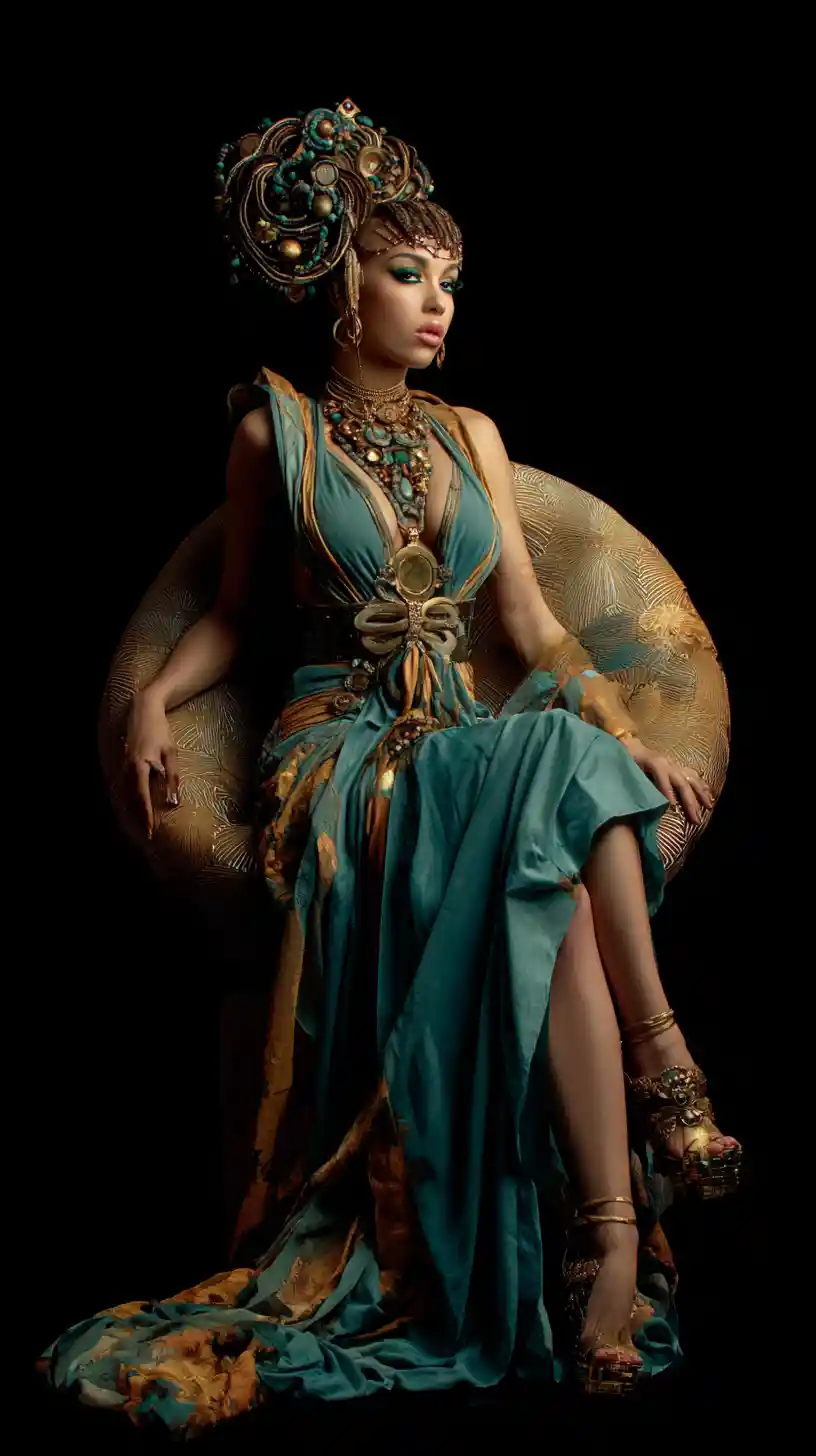 Elegant woman in ancient inspired couture on oversized seat