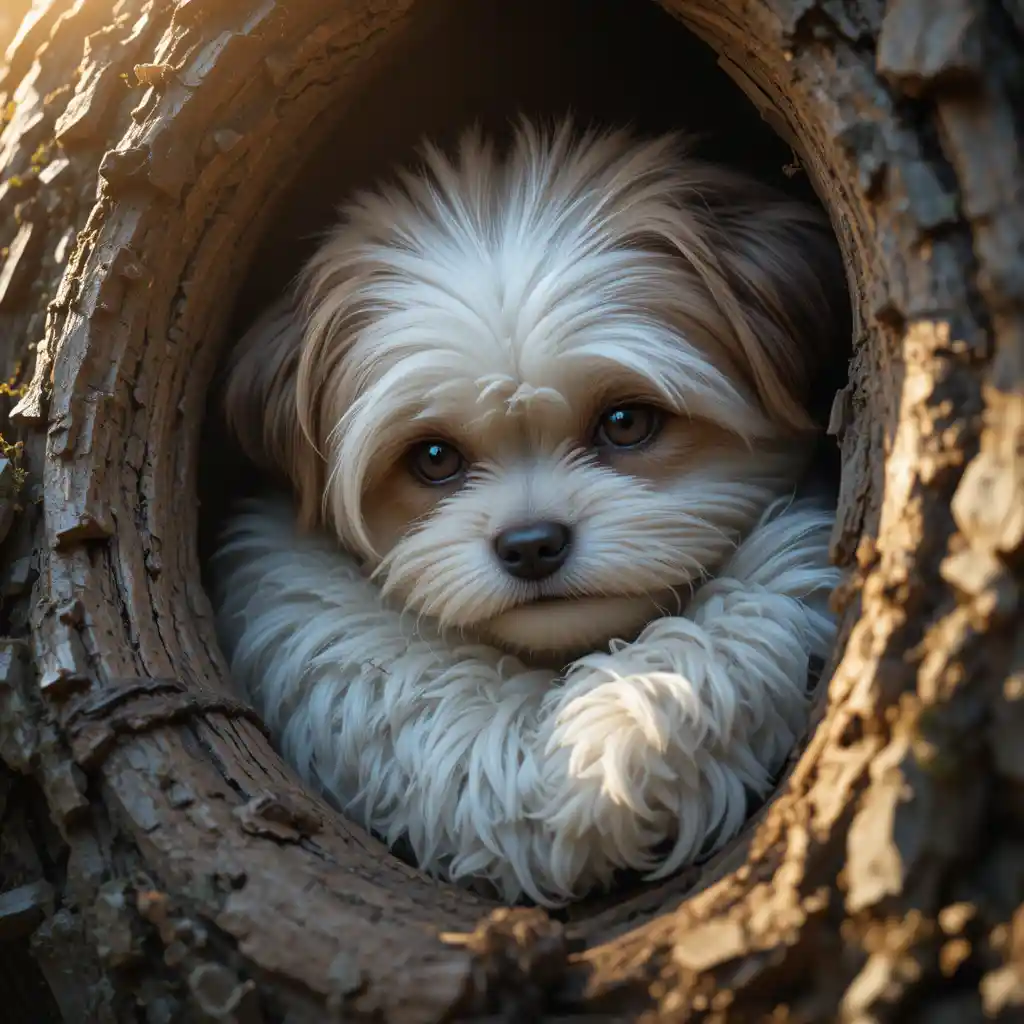 Piccolo cane shih tzu raggomitolato dentro di un albero cavo