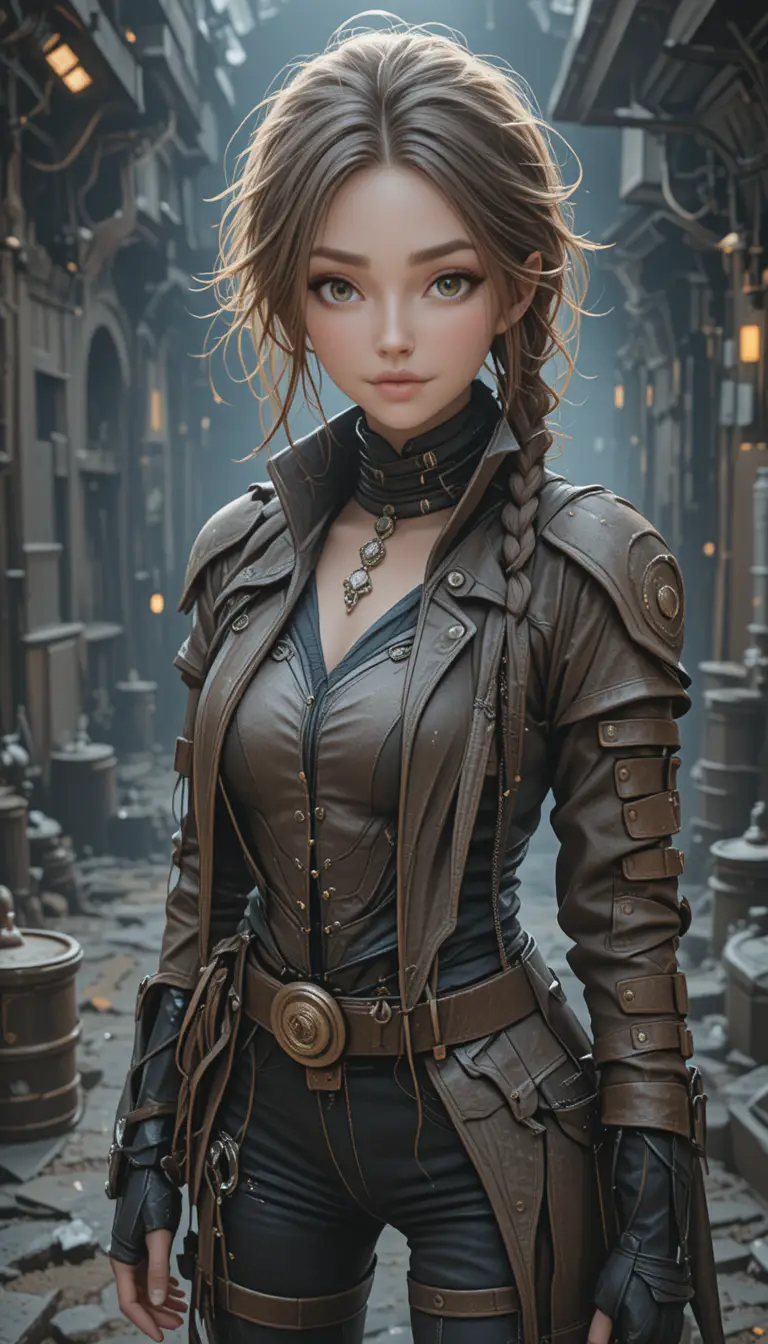 Flirty anime survivor girl in a post apocalyptic city