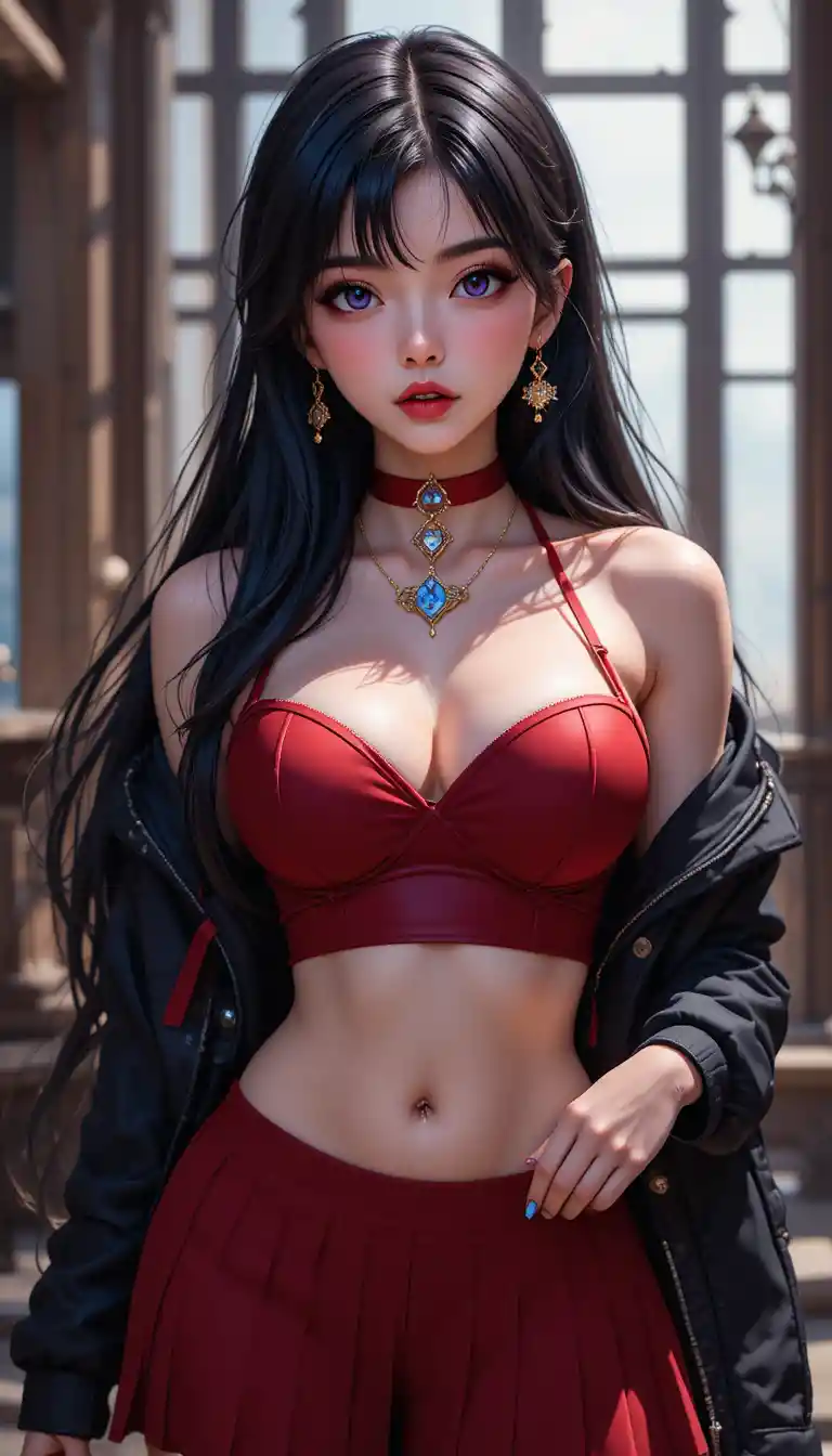 Anime girl in red crop top with black jacket