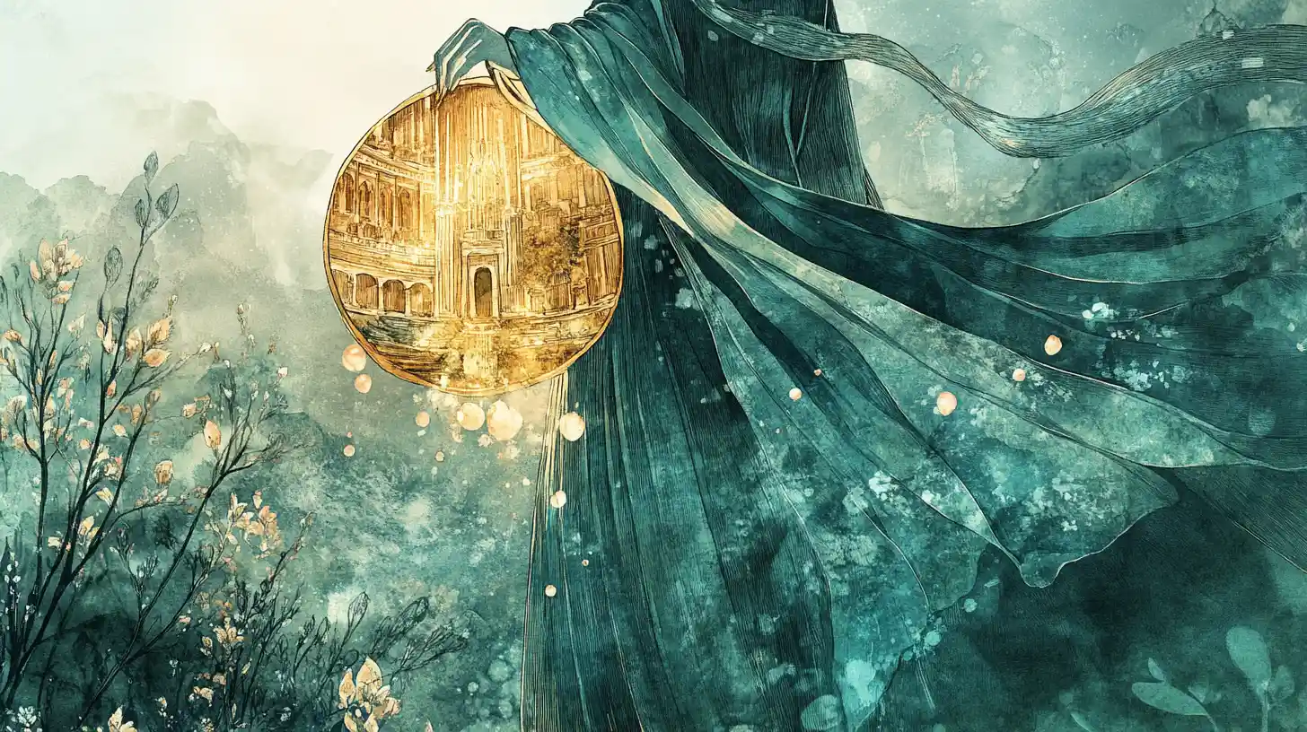 Mystical woman with glowing satchel of tiny fantasy worlds