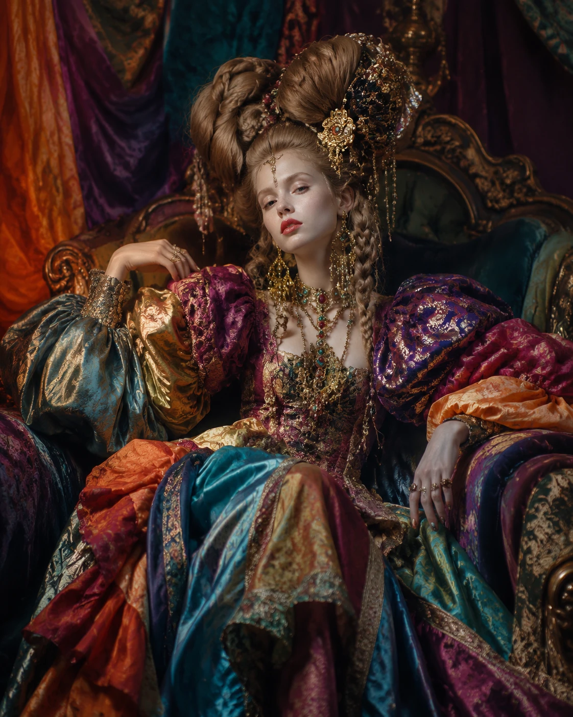 Elegante donna in antica haute couture su poltrona oversize