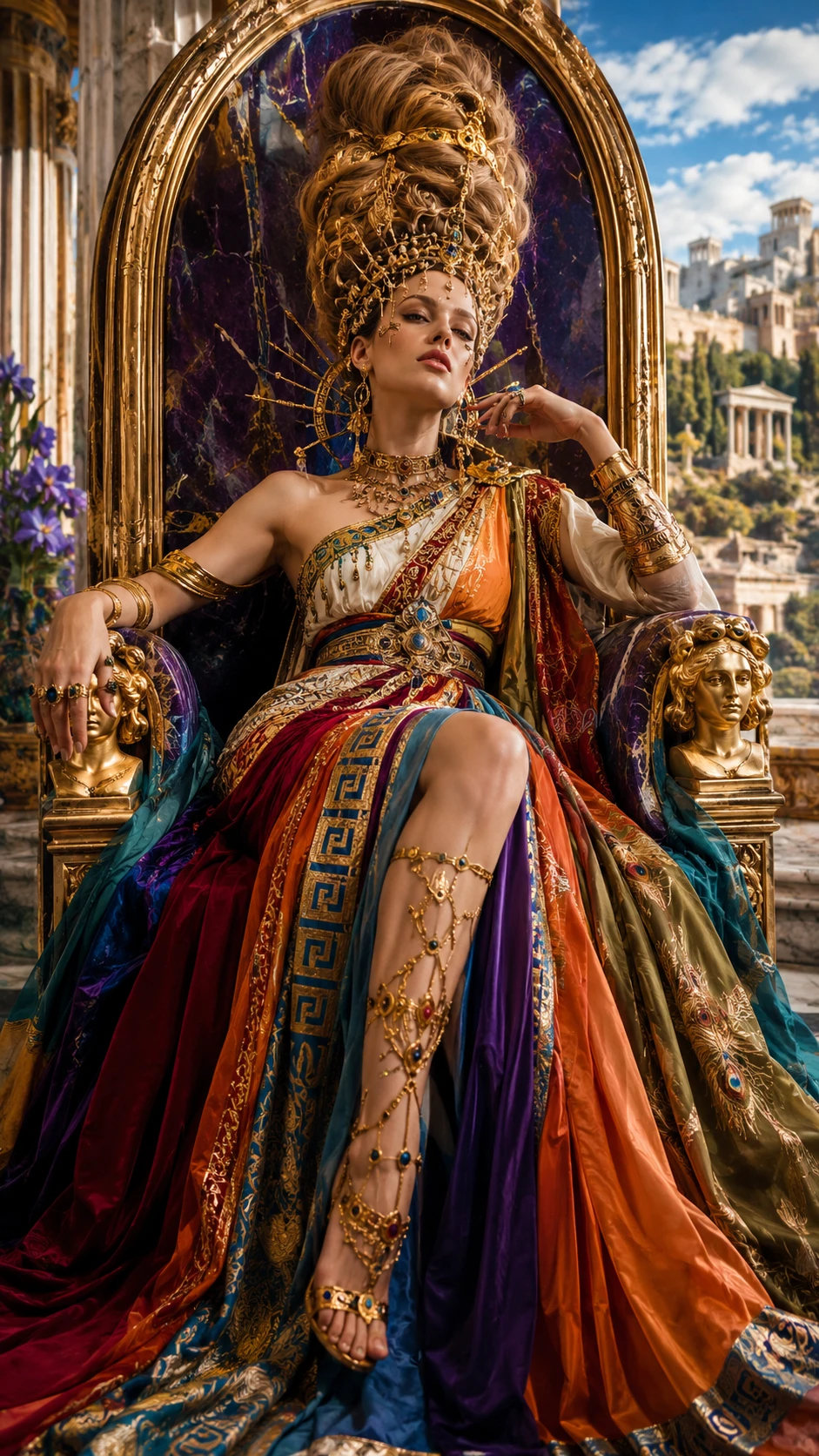 Mujer elegante con alta costura de inspiración antigua en gran asiento