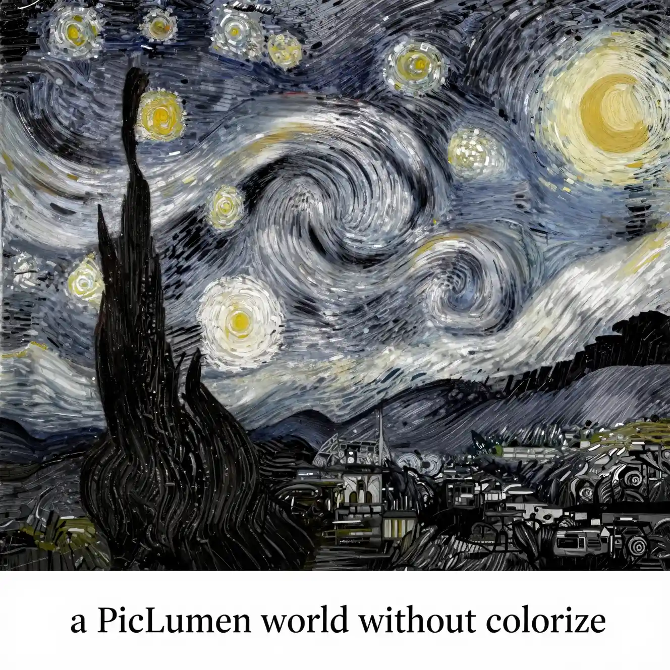 Black and white reinterpretation of a swirling night sky