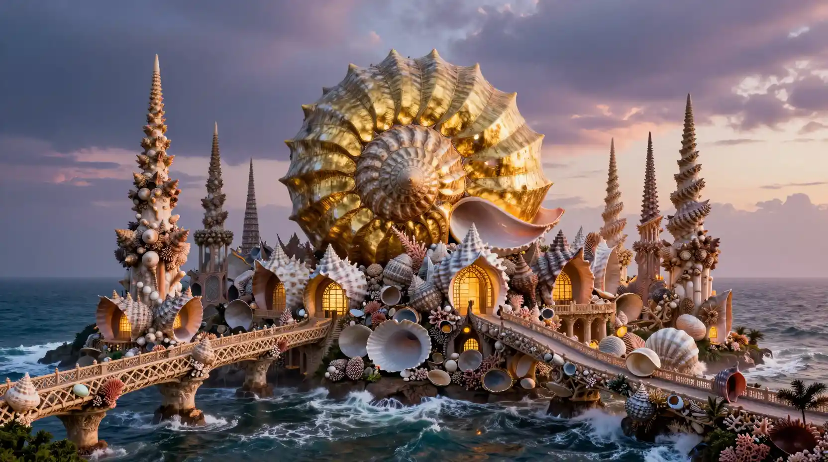 Colossal Seashell Cathedral On A Mystical Twilight Shore