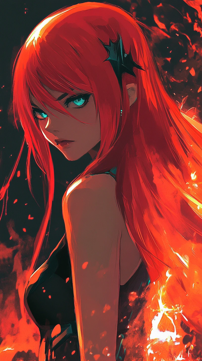 Mysterious red haired fantasy girl with glowing blue eyes