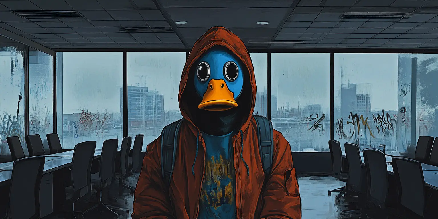 Man in duck gas mask hoodie in urban boardroom