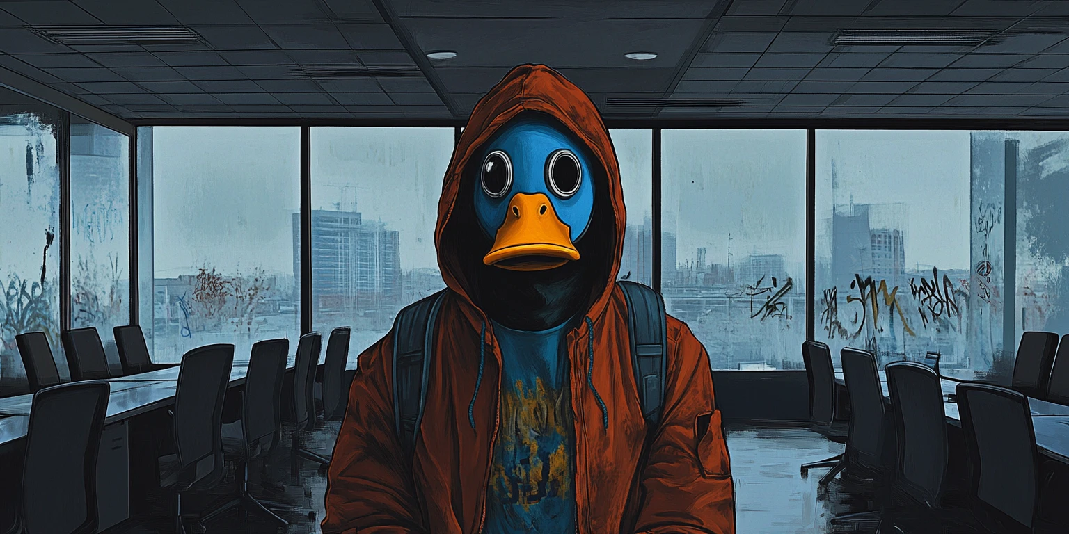 Man in duck gas mask hoodie in urban boardroom