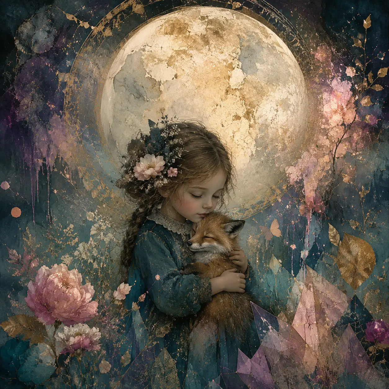 Tiny woodland dreamer holding a creature beneath a vast moon