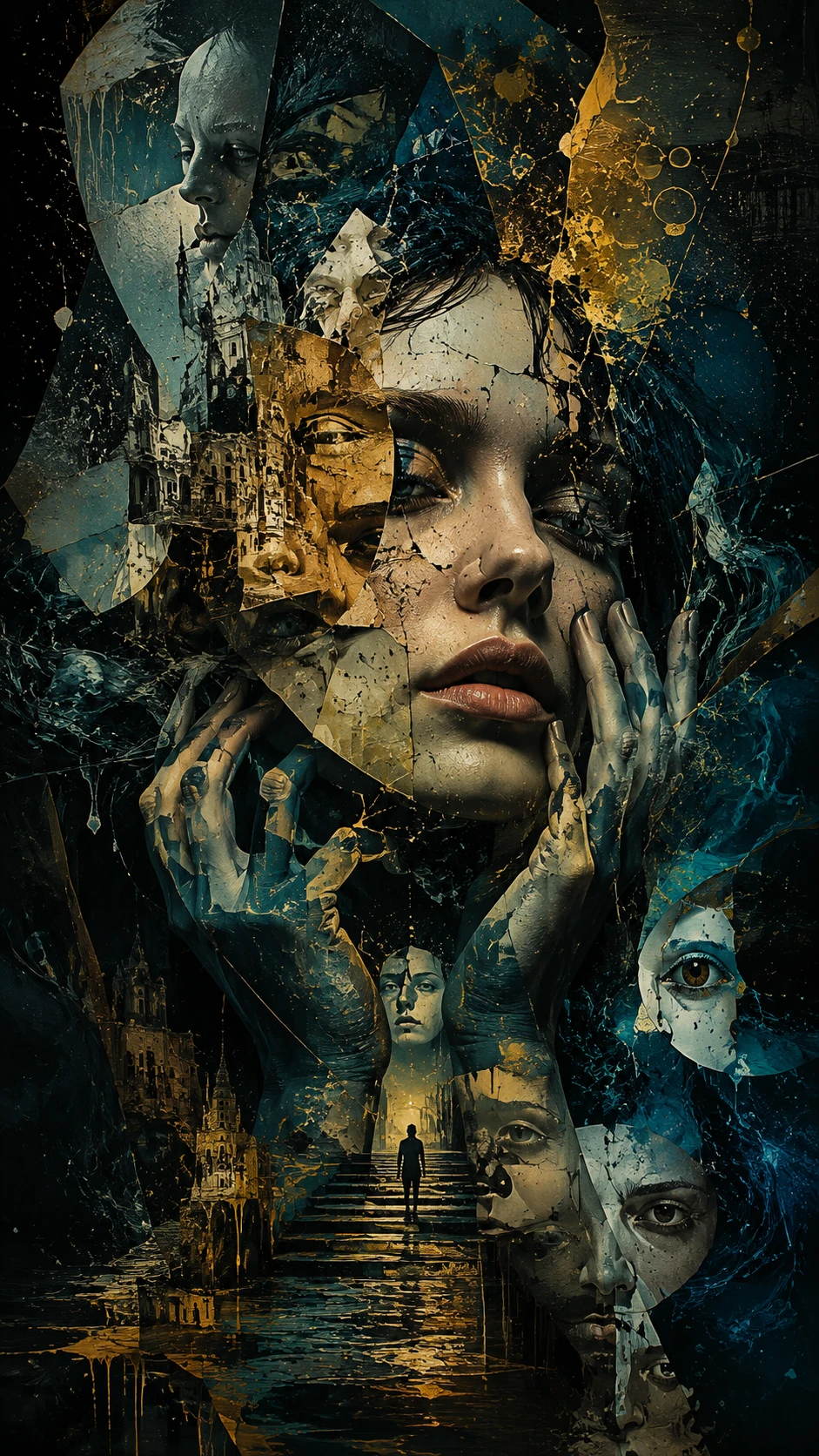 Surreal fragmented portrait with abstract dreamlike illusionism
