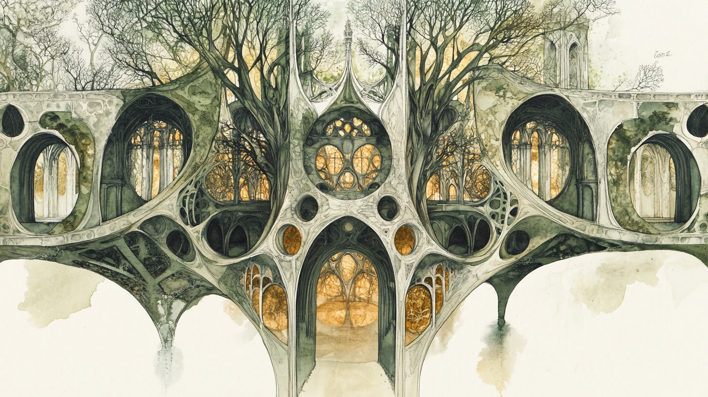 Gothic sanctuary formed from mirrored botanical architecture