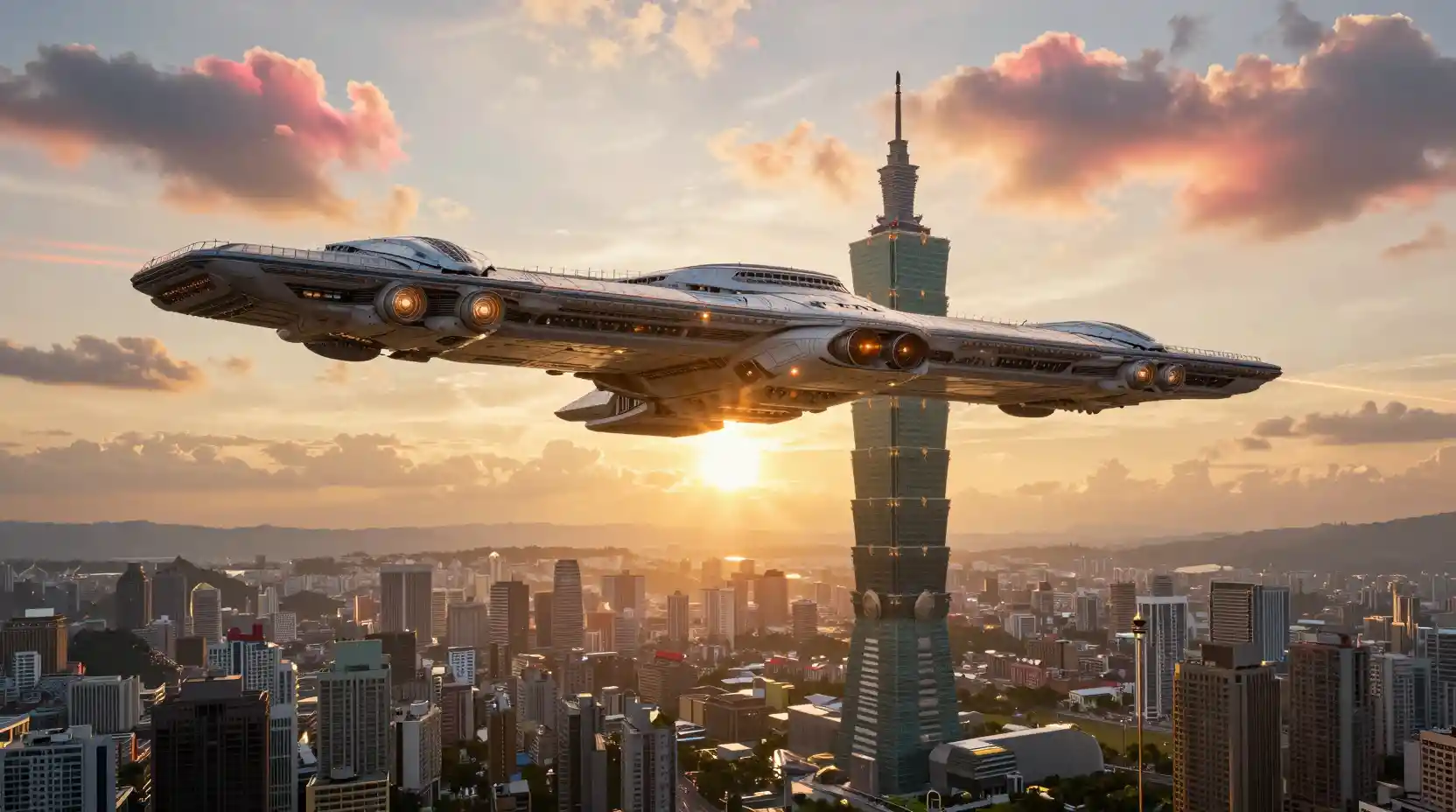 Massive futuristic starship soaring low above Taipei city