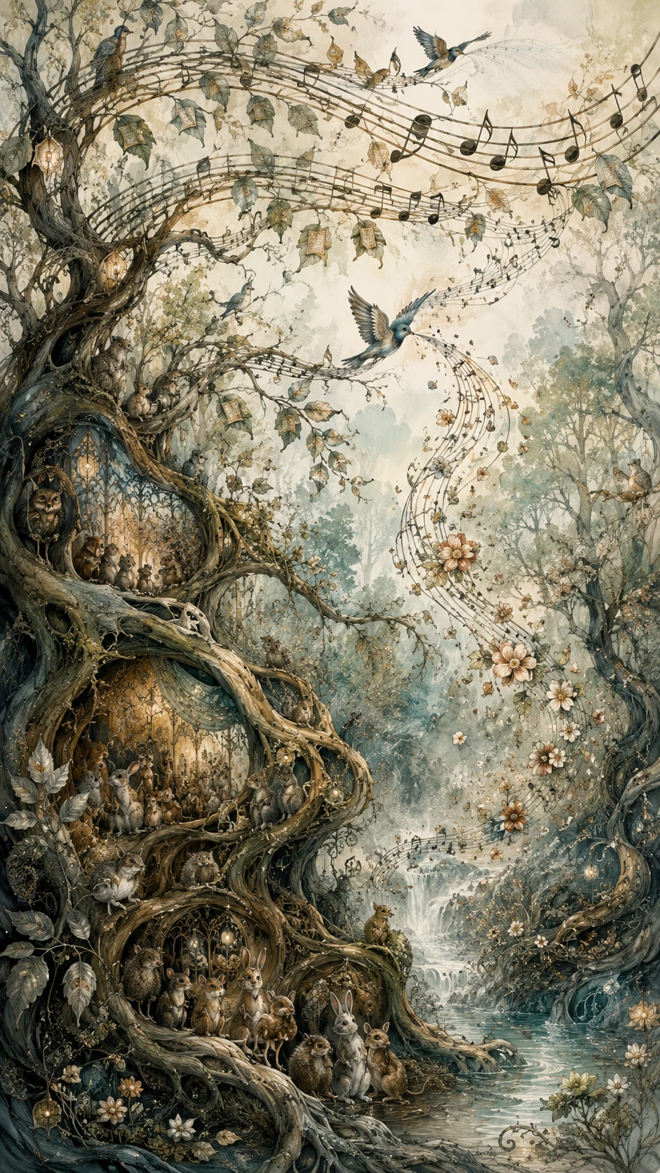 Enchanted forest of musical branches and glowing leaves