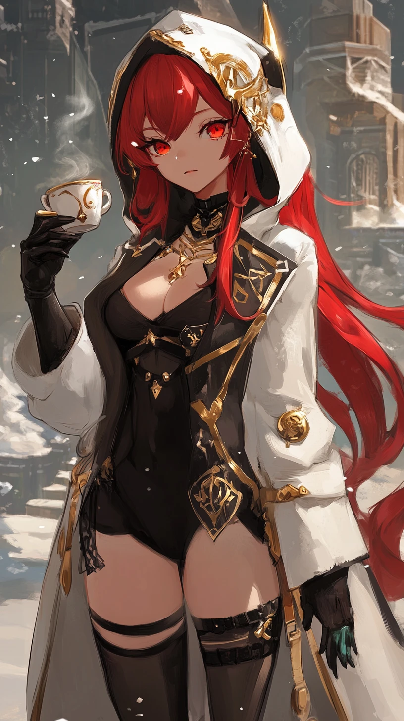 Red haired fantasy girl on a cliff with glowing sword