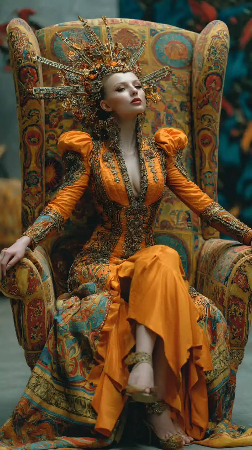 Elegant lady reclining in an oversized chair with ornate couture