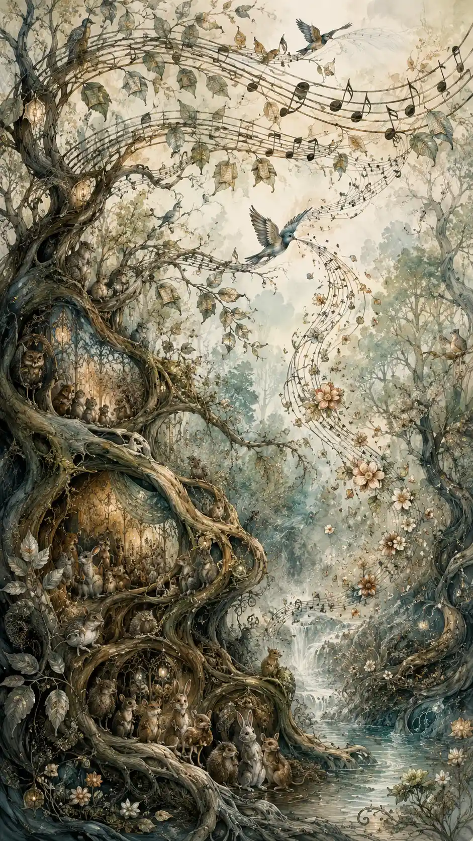 Enchanted forest of musical branches and glowing leaves
