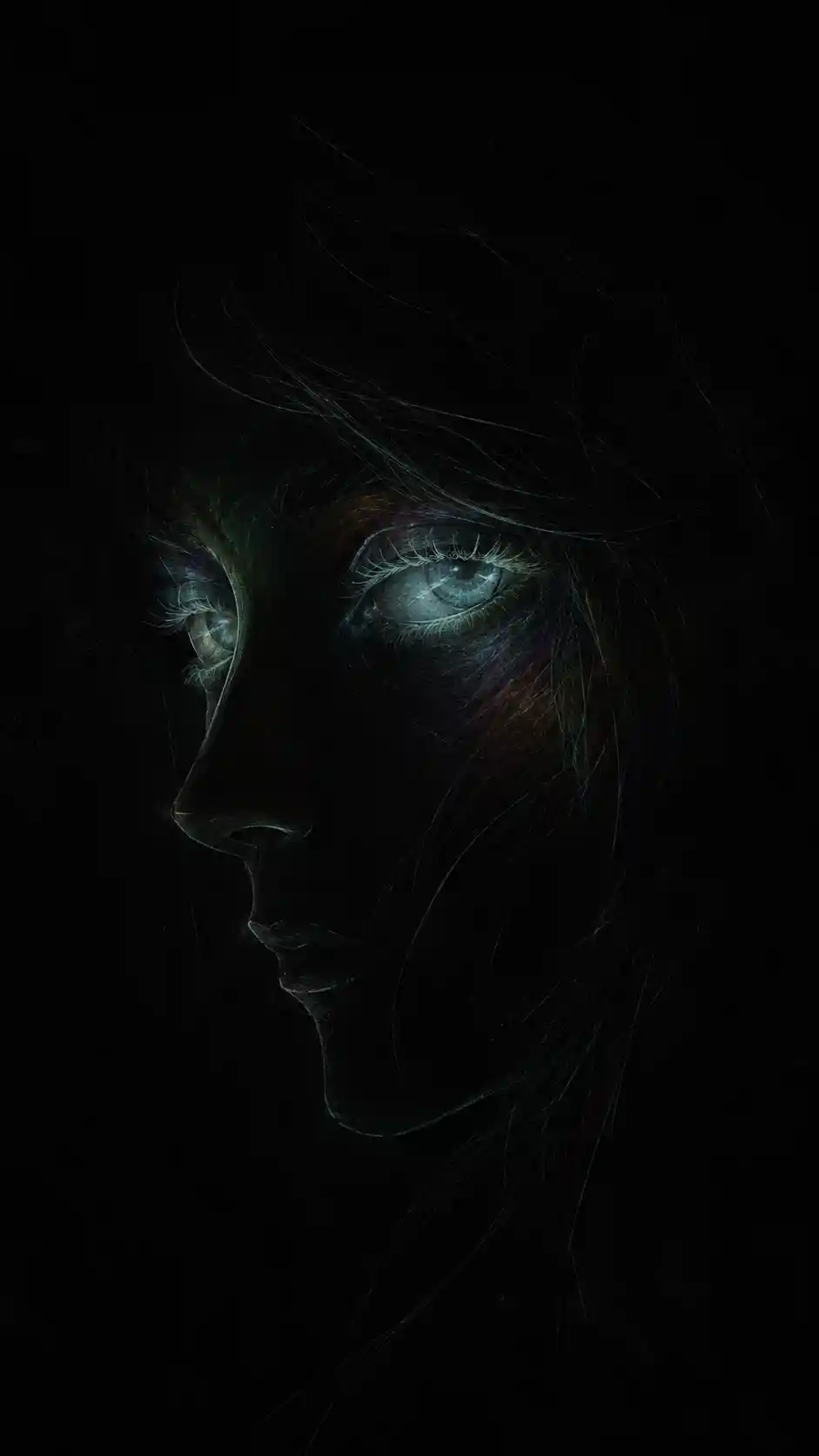 Woman in shadow with glowing bioluminescent blue eyes