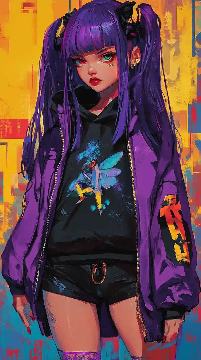 Stylish girl with purple hair and bold streetwear outfit