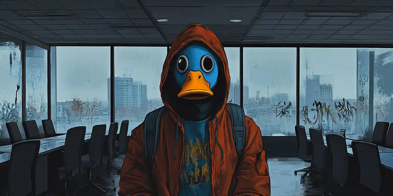 Man in duck gas mask hoodie in urban boardroom