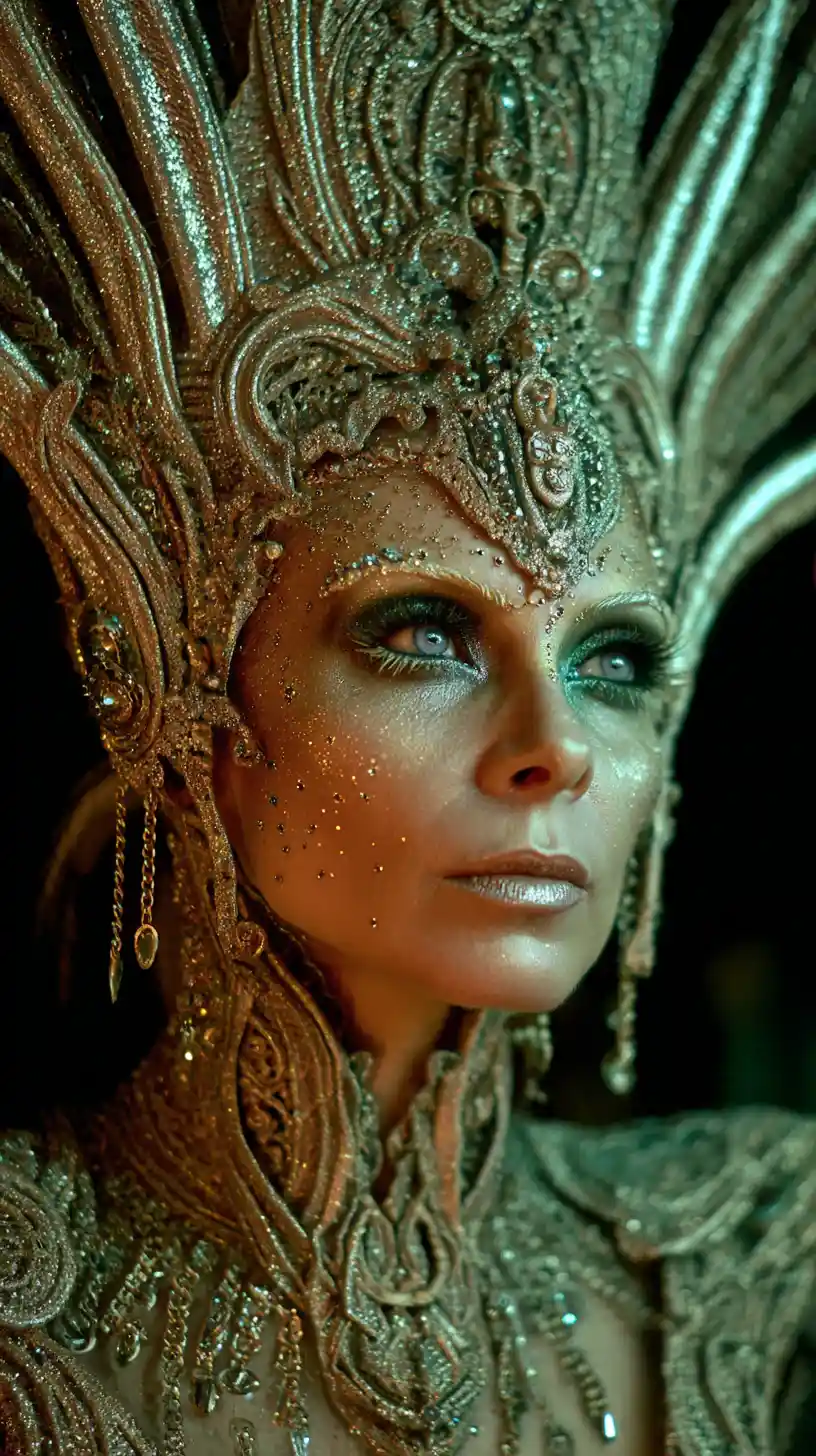 Regal fantasy woman in hybrid Mayan and Roman regalia