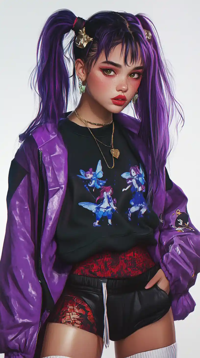 Anime girl with purple hair and bold streetwear outfit