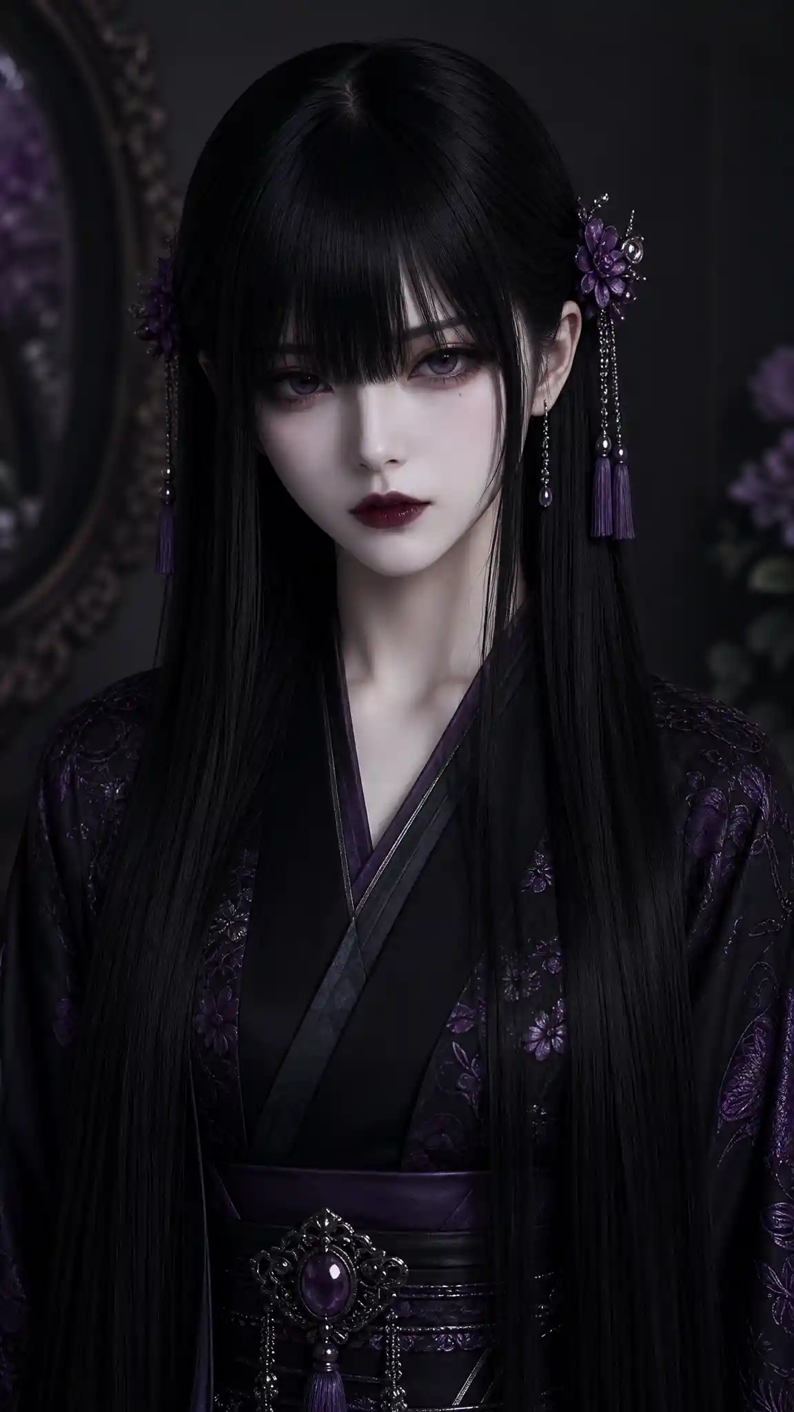 Gothic girl with long raven hair and blunt fringe